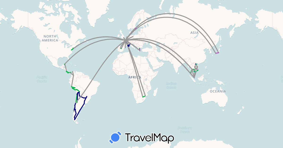 TravelMap itinerary: driving, bus, plane, train, hiking, boat, hitchhiking in Argentina, Bolivia, Chile, Colombia, Costa Rica, Germany, Spain, France, United Kingdom, Greece, Indonesia, Italy, Japan, Cambodia, Mexico, Netherlands, Panama, Peru, Sweden, Singapore, Thailand, United States, Uruguay, Vietnam, South Africa (Africa, Asia, Europe, North America, South America)